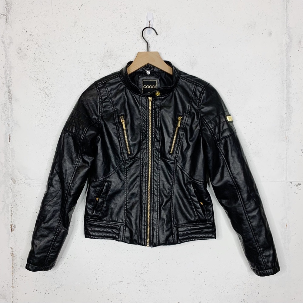 Coogi Black Faux Leather Moto Biker Jacket Size Small